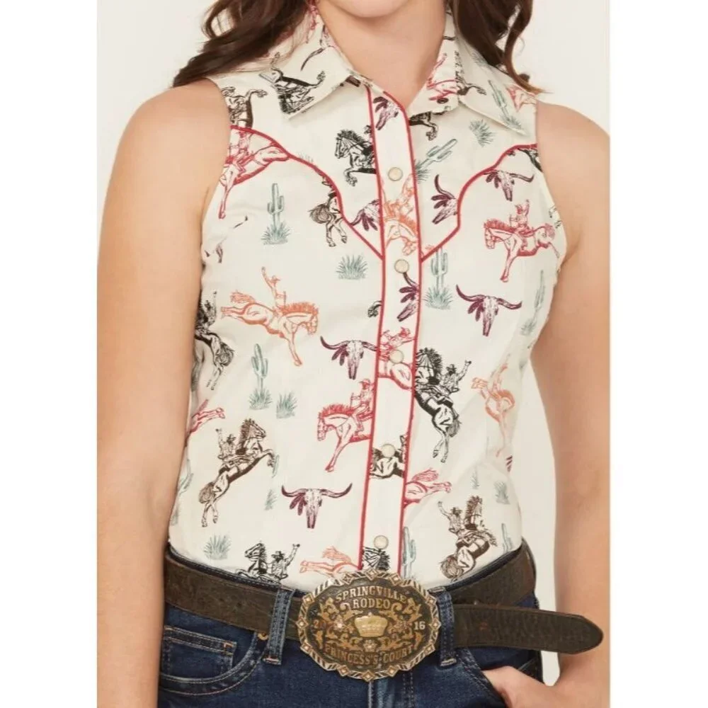 Rock & Roll Denim Girl's Sleeveless Horse Print Snap Shirt Natural